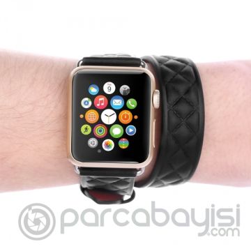Ally Apple Watch 7-8 45mm 6-5-4 44mm Çift Tur Deri Kayış Kordon H- Model 3-2-1 42mm