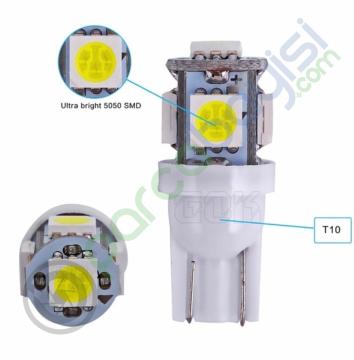 T10 Park Dipsiz Ampul Beyaz Işık 5 Smd Led 12V Park Plaka İç Tavan Aydınlatma 2 Adet
