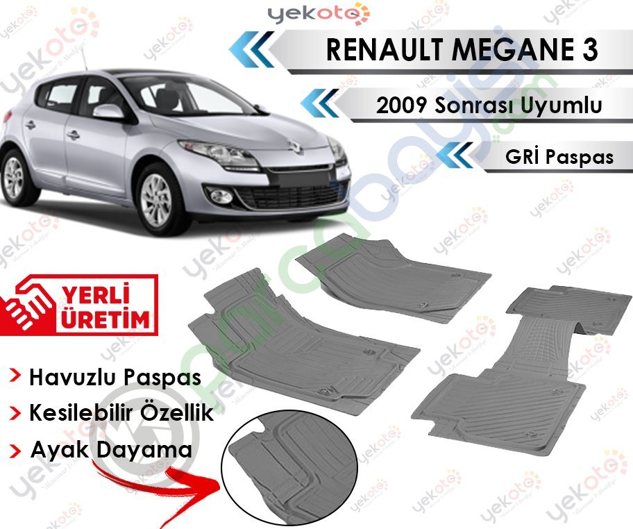 Renault Megane Iıı 2009 Sonrası Uyumlu Havuzlu Kesilebilir Gri Paspas