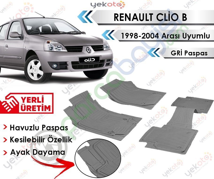 Renault Clio B 1998-2004 Arası Uyumlu Havuzlu Kesilebilir Gri Paspas
