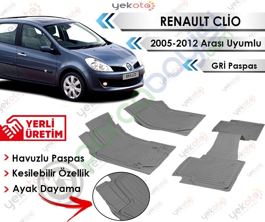 Renault Clio 2005-2012 Arası Uyumlu Havuzlu Kesilebilir Gri Paspas
