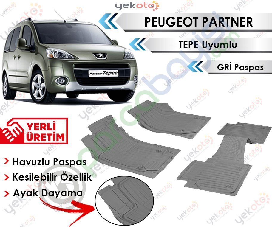 Peugeot Partner Tepe Uyumlu Havuzlu Kesilebilir Gri Paspas