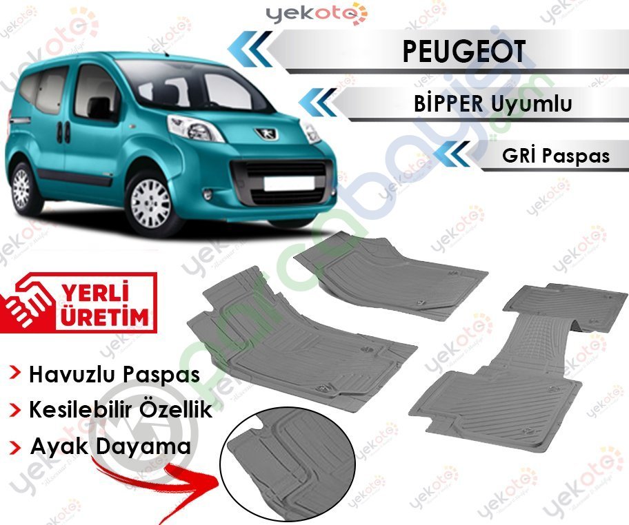 Peugeot Bipper Uyumlu Havuzlu Kesilebilir Gri Paspas