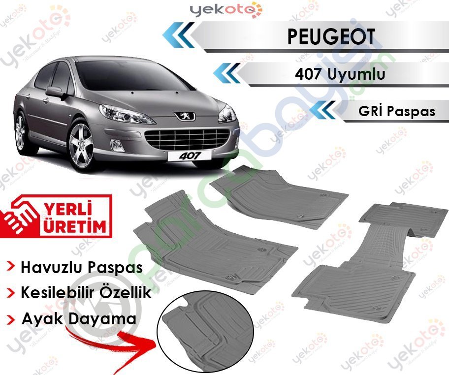 Peugeot 407 Uyumlu Havuzlu Kesilebilir Gri Paspas