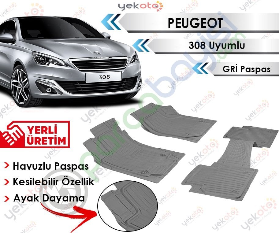 Peugeot 308 Uyumlu Havuzlu Kesilebilir Gri Paspas