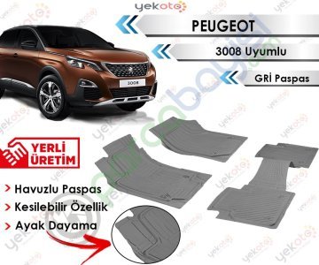 Peugeot 3008 Uyumlu Havuzlu Kesilebilir Gri Paspas