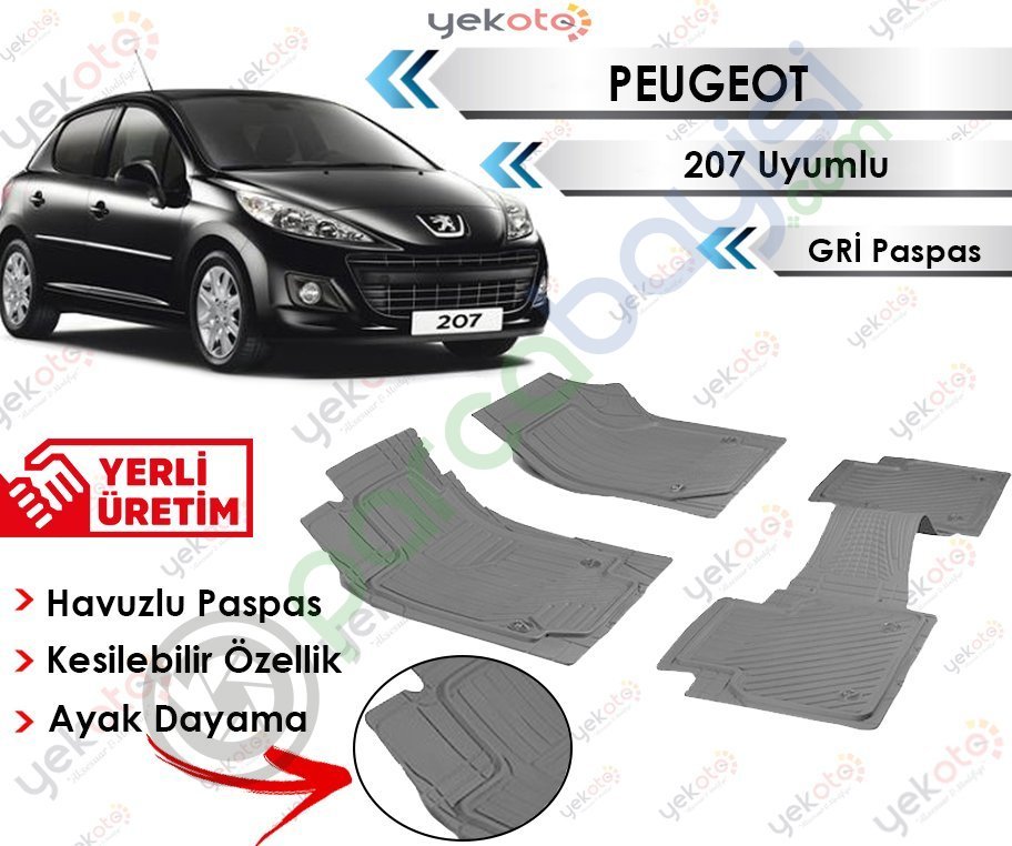 Peugeot 207 Uyumlu Havuzlu Kesilebilir Gri Paspas