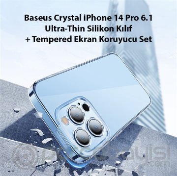 Baseus Crystal iPhone 14 Pro 6.1 Ultra-Thin Silikon Kılıf + Tempered Ekran Koruyucu Set