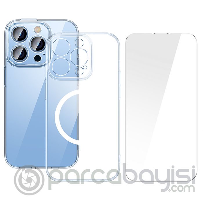 Baseus Crystal iPhone 14 Pro Max 6.7 Magsafe Silikon Kılıf + Tempered Ekran Koruyucu Set