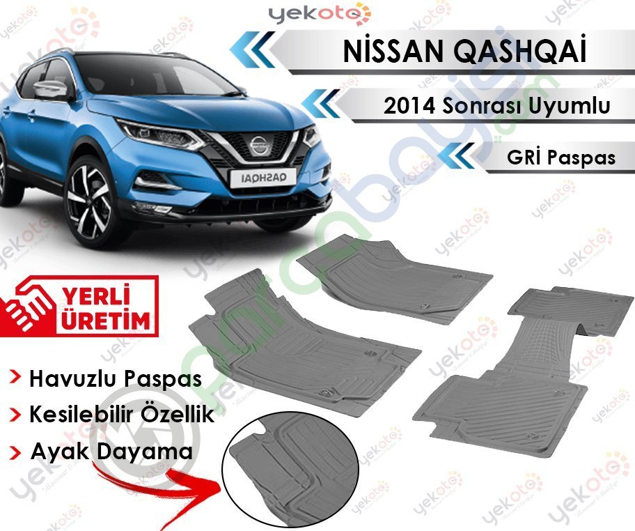 Nissan Qashqai 2014 Sonrası Uyumlu Havuzlu Kesilebilir Gri Paspas