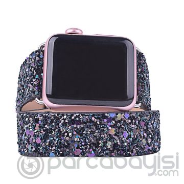 Ally Apple Watch 7-8 45mm 6-5-4 44mm Çift Tur Deri Sim İşlemeli Kordon 3-2-1 42mm