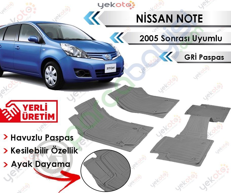 Nissan Note 2005 Sonrası Uyumlu Havuzlu Kesilebilir Gri Paspas