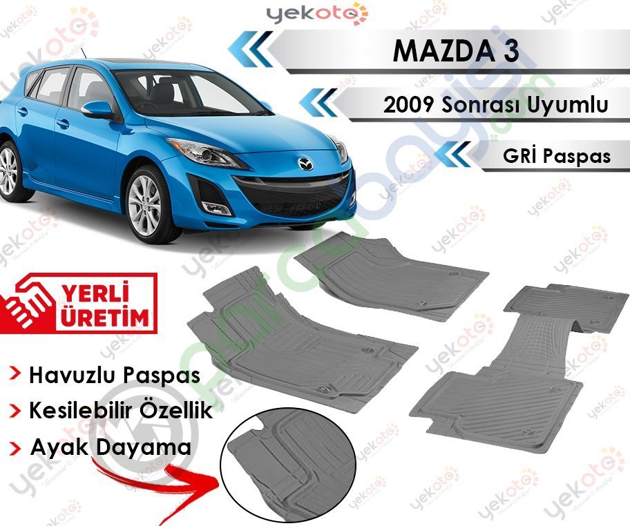 Mazda 3 2009 Sonrası Uyumlu Havuzlu Kesilebilir Gri Paspas
