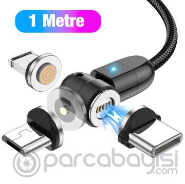 ALLY 540 Dönebilen Mıknatıslı Usb Şarj Kablosu 3 Başlık（iPhone+Type-C+Micro 1 metre