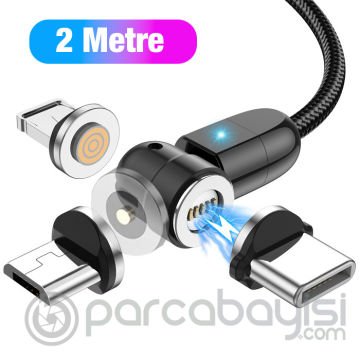 ALLY 540 Dönebilen Mıknatıslı Usb Şarj Kablosu 3 Başlık（iPhone+Type-C+Micro 2 metre