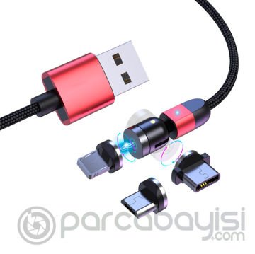 ALLY 540 Dönebilen Mıknatıslı Usb Şarj Kablosu 3 Başlık（iPhone+Type-C+Micro 2 metre