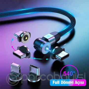 ALLY 540 Dönebilen Mıknatıslı Usb Şarj Kablosu 3 Başlık（iPhone+Type-C+Micro 2 metre