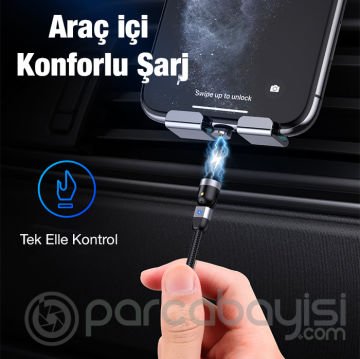 ALLY 540 Dönebilen Mıknatıslı Usb Şarj Kablosu 3 Başlık（iPhone+Type-C+Micro 2 metre