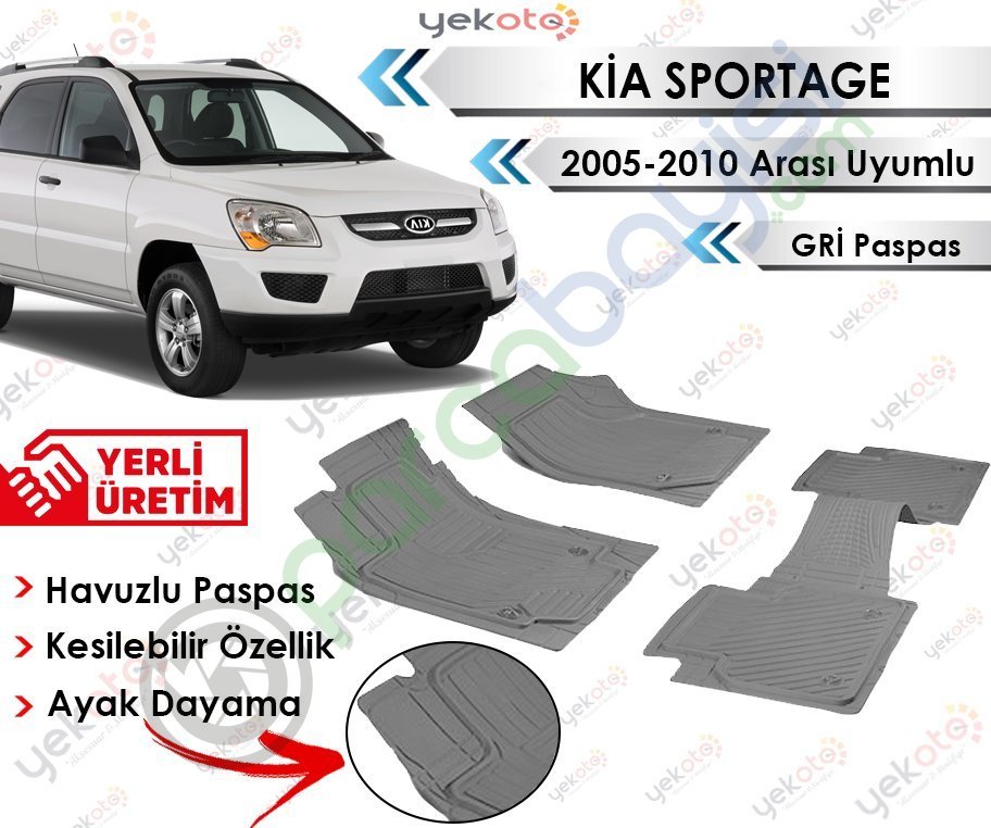Kia Sportage 2005-2010 Arası Uyumlu Havuzlu Kesilebilir Gri Paspas
