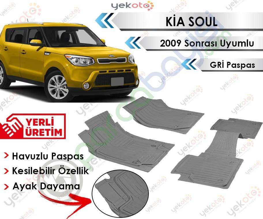 Kia Soul 2009 Sonrası Uyumlu Havuzlu Kesilebilir Gri Paspas