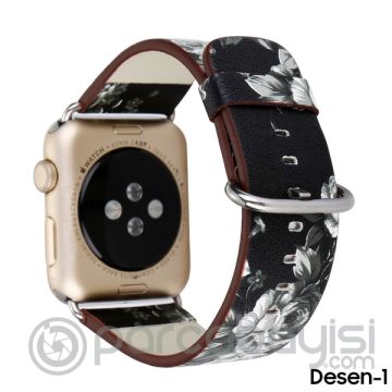 Ally Apple Watch 7-8 45mm 6-5-4 44mm Gül Desenli Pu Deri Kordon Kayış 3-2-1 42mm