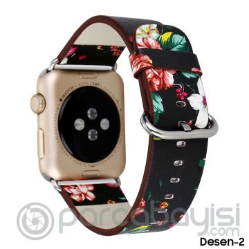 Ally Apple Watch 7-8 45mm 6-5-4 44mm Gül Desenli Pu Deri Kordon Kayış 3-2-1 42mm