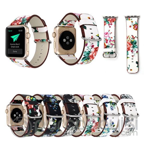 Ally Apple Watch 7-8 45mm 6-5-4 44mm Gül Desenli Pu Deri Kordon Kayış 3-2-1 42mm