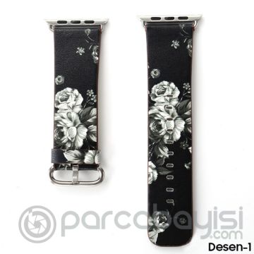 Ally Apple Watch 7-8 41mm 6-5-4 40mm Gül Desenli Pu Deri Kordon Kayış 3-2-1 38mm