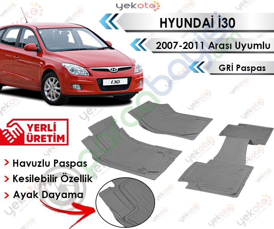 Hyundai İ30 2007-2011 Arası Uyumlu Havuzlu Kesilebilir Gri Paspas