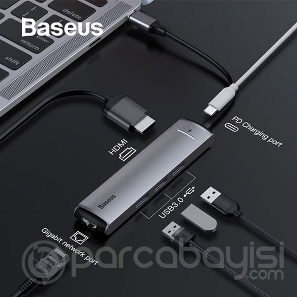 Baseus Usb Type C 6in1 HDMI 3x USB 3.0 RJ45 Çoğaltıcı Adaptör