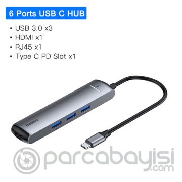 Baseus Usb Type C 6in1 HDMI 3x USB 3.0 RJ45 Çoğaltıcı Adaptör