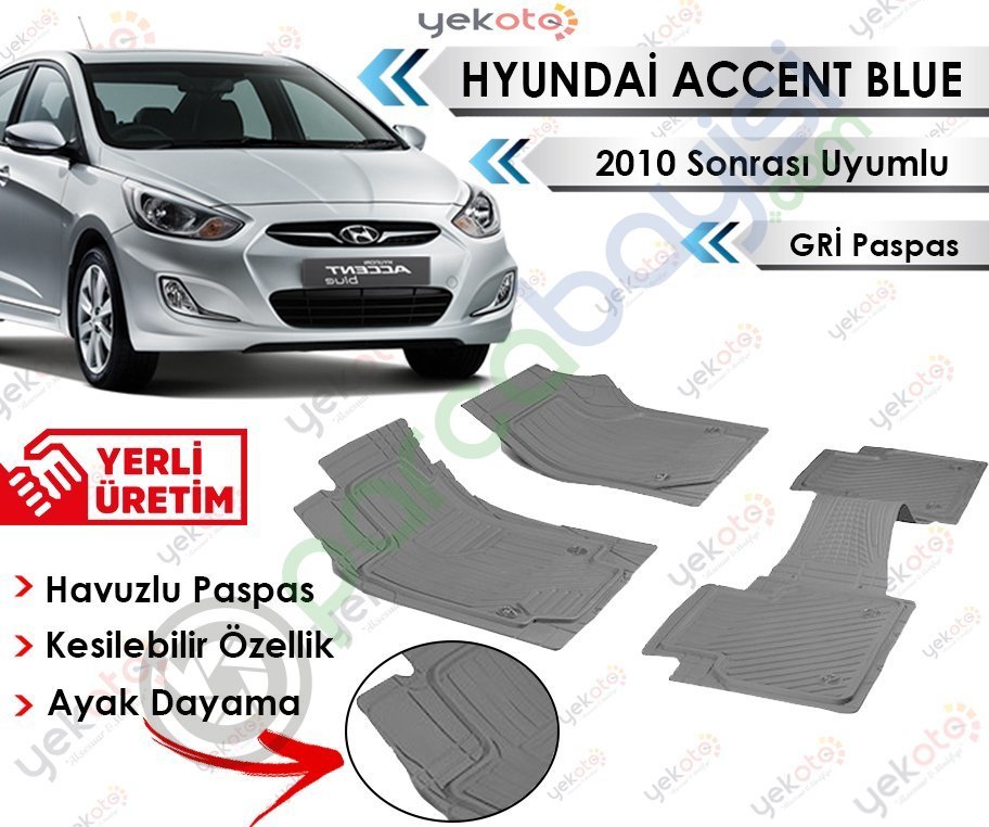 Hyundai Accent Blue 2010 Sonrası Uyumlu Havuzlu Kesilebilir Gri Paspas