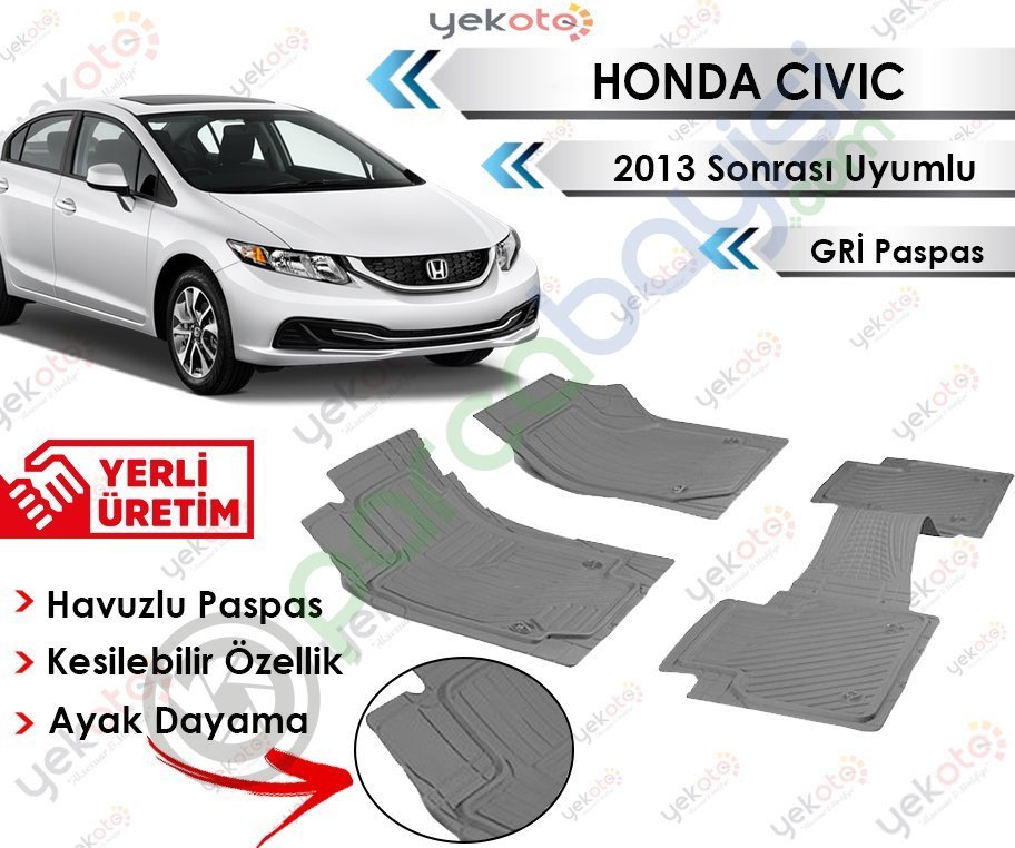 Honda Civic 2013 Sonrası Uyumlu Havuzlu Kesilebilir Gri Paspas
