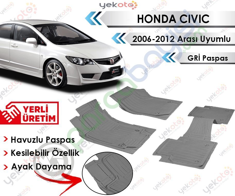 Honda Civic 2006-2012 Sonrası Uyumlu Havuzlu Kesilebilir Gri Paspas