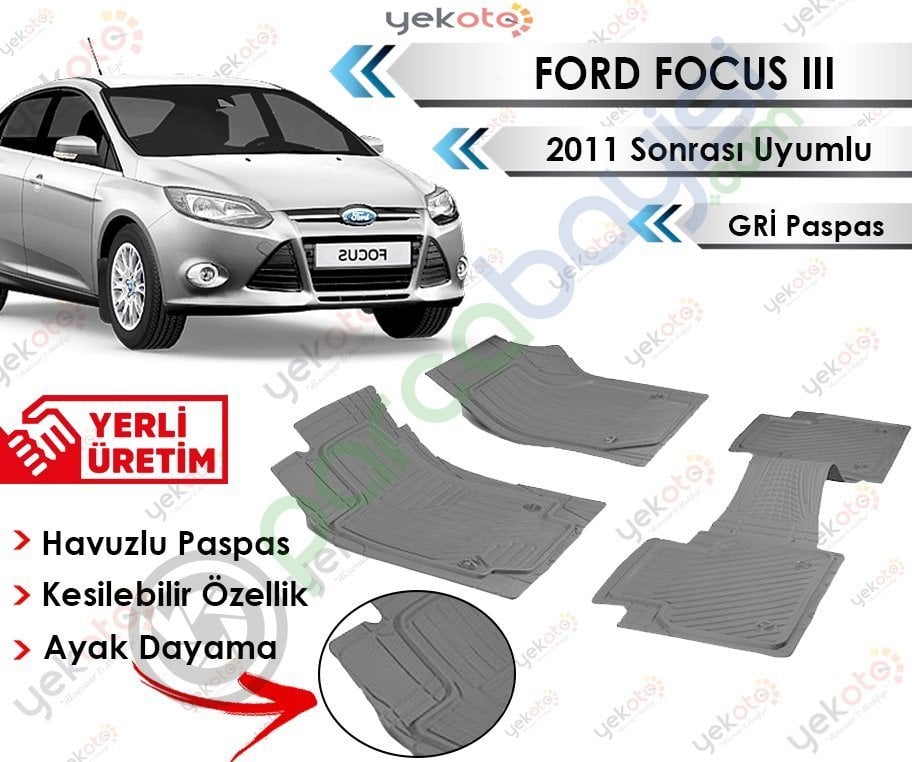 Ford Focus 3 2011 Sonrası Uyumlu Havuzlu Kesilebilir Gri Paspas