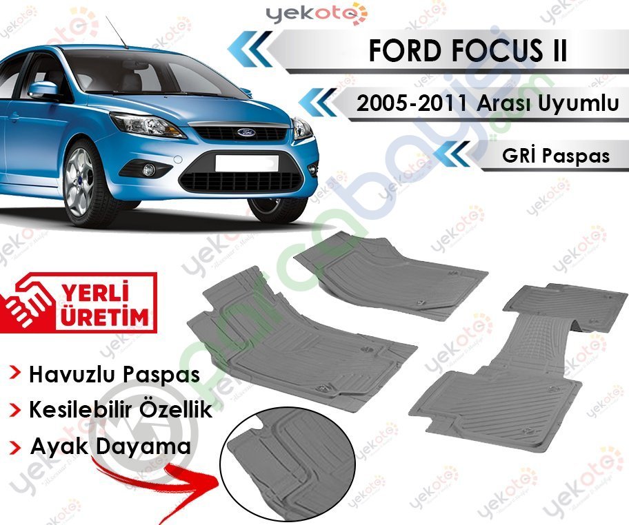 Ford Focus 2 2005-2011 Arası Uyumlu Havuzlu Kesilebilir Gri Paspas