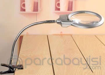 MG15122 LED Işıklı Masa Mandal Tutuclu Oynar Başlıklı Büyüteç 90mm
