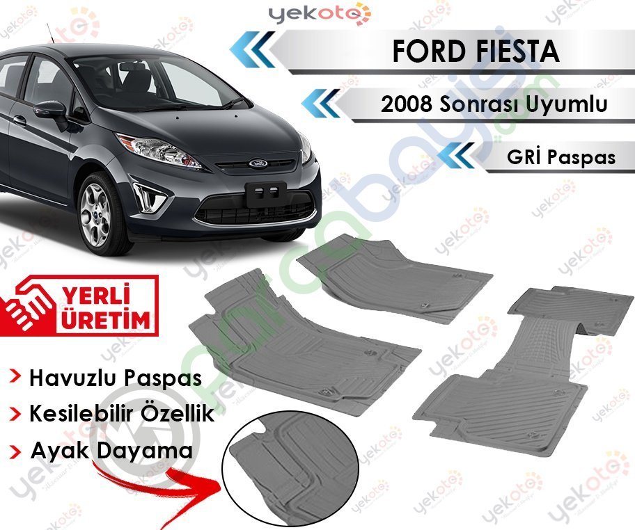 Ford Fiesta 2008 Sonrası Uyumlu Havuzlu Kesilebilir Gri Paspas