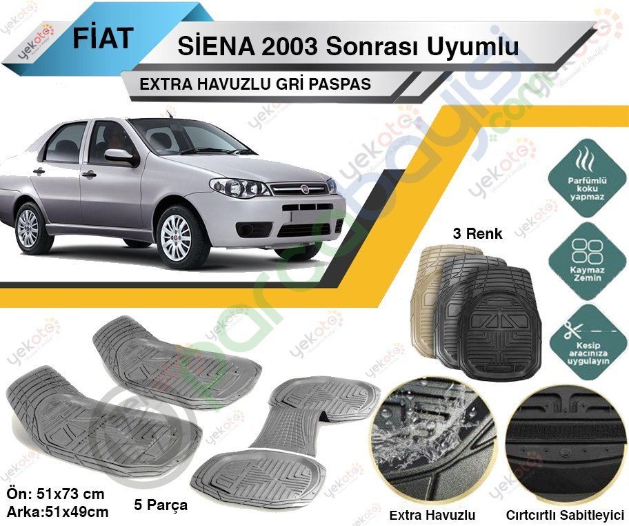 Fiat Siena 2003 Sonrası Uyumlu Extra Havuzlu Kesilebilir Gri Paspas