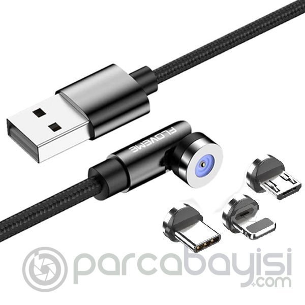 Floveme 540 Dönebilen Mıknatıslı Usb Şarj Kablosu 3 Başlık（iPhone+Type-C+Micro 1M