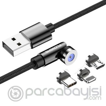 Floveme 540 Dönebilen Mıknatıslı Usb Şarj Kablosu 3 Başlık（iPhone+Type-C+Micro 1M