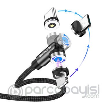 Floveme 540 Dönebilen Mıknatıslı Usb Şarj Kablosu 3 Başlık（iPhone+Type-C+Micro 1M