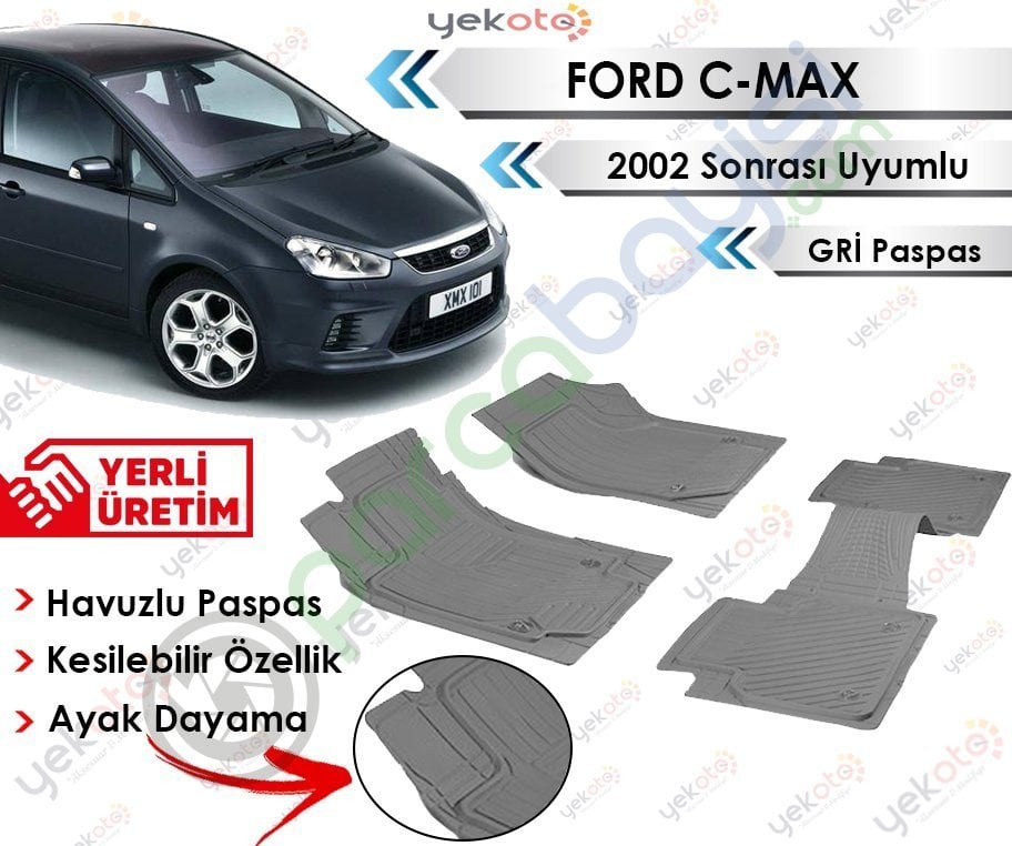 Ford C-Max 2002 Sonrası Uyumlu Havuzlu Kesilebilir Gri Paspas