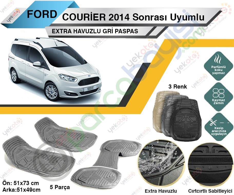 Ford Courier 2014 Sonrası Uyumlu Extra Havuzlu Kesilebilir Gri Paspas