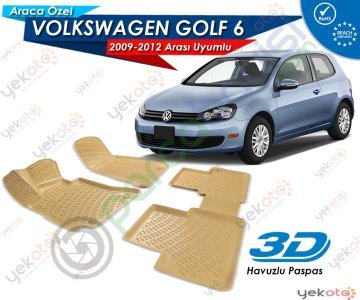 Volkswagen Golf 6 2009-2012 Arası Uyumlu Bej Araca Özel 3D Havuzlu Paspas