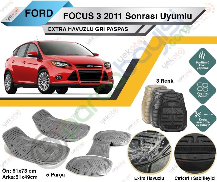 Ford Focus 3 2011 Sonrası Uyumlu Extra Havuzlu Kesilebilir Gri Paspas