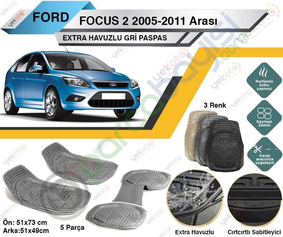 Ford Focus 2 2005-2011 Arası Uyumlu Extra Havuzlu Kesilebilir Gri Paspas