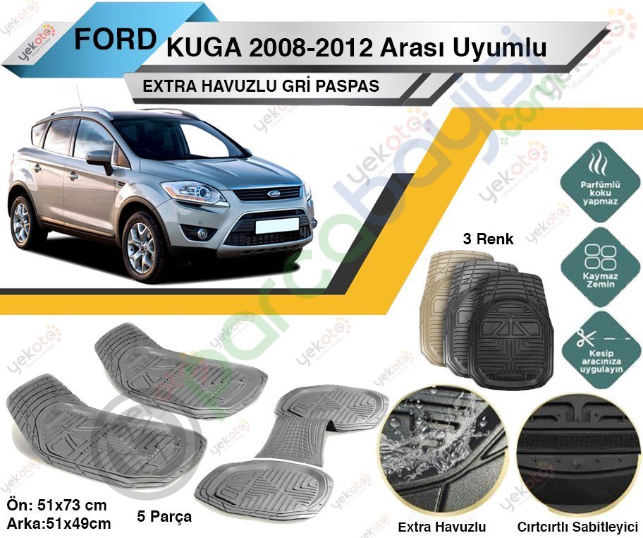 Ford Kuga 2008-2012 Arası Uyumlu Extra Havuzlu Kesilebilir Gri Paspas
