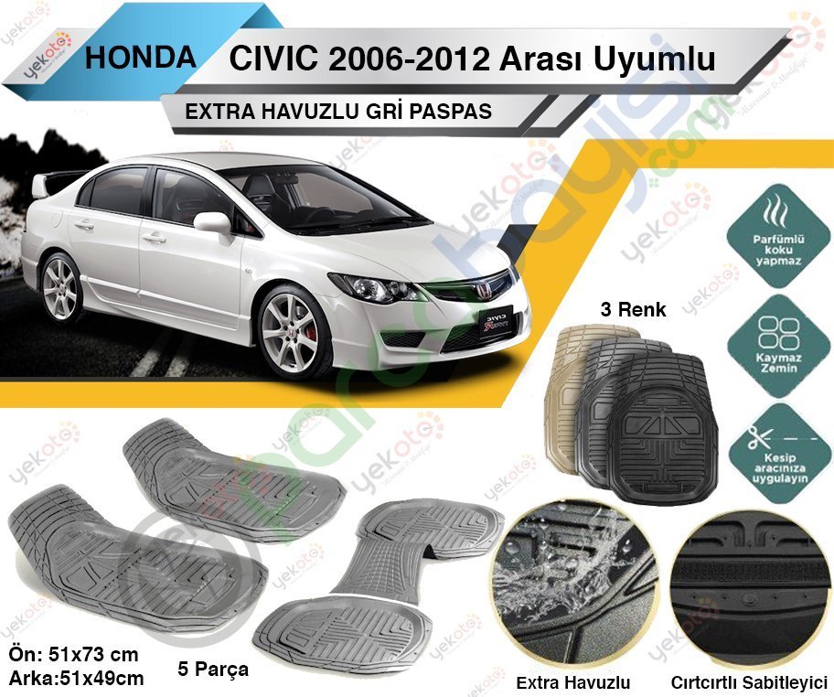 Honda Civic 2006-2012 Sonrası Uyumlu Extra Havuzlu Kesilebilir Gri Paspas