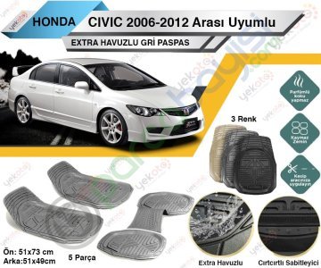 Honda Civic 2006-2012 Sonrası Uyumlu Extra Havuzlu Kesilebilir Gri Paspas